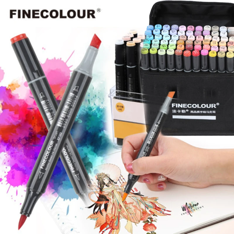 Preise FINECOLOUR EF103 Dual Köpfe Professionelle Kunst Marker Stift Fettige Alkoholische Marker 12 24 36 48 60  72 240 farben Weichen Kopf Runde Stange