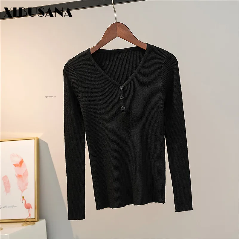 

XIBUSANA 2020 Autumn V-neck Sweater Slim Fit Stretch Bottoming Student Solid Color Pullover Button Long-sleeved T-shirt Top