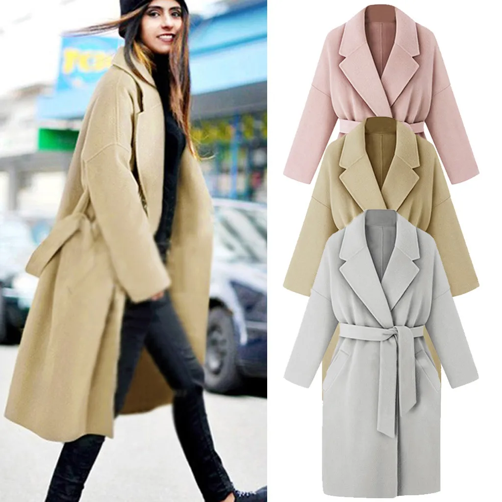 Большие размеры, свободное теплое шерстяное длинное зимнее пальто с отложным воротником и регулируемым поясом, шерстяное пальто для женщин, Офисная Рабочая одежда, элегантная# J30