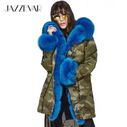JAZZEVAR 2019 Новые модные женские парки роскошные большой лисий меховой воротник запонка в виде енота мужские парки пальто с капюшоном верхняя