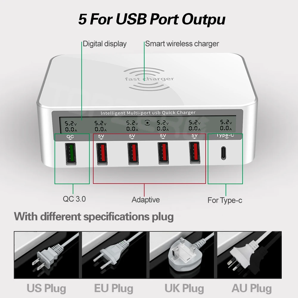 6 в 1 беспроводная зарядная станция Qi 40 Вт QC3.0 Тип C Непрерывный адаптер Usb Intelligente