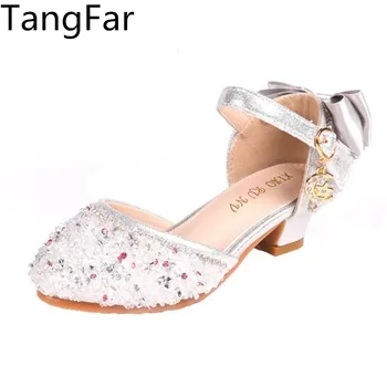 

Girls Crystal Leather High Heel Sandals Paillette Shiny Performance Shoes Waterproof Wedding Shoes For Children