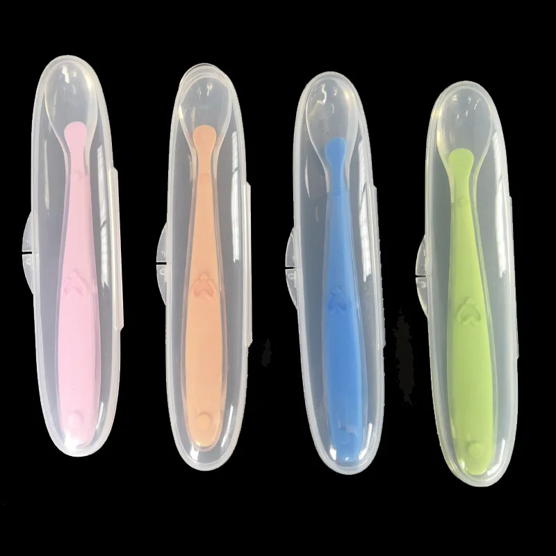 

1Pcs Non-slip Baby Spoon+Storage Box Multicolor Baby Training Spoon Baby Feeding Tableware Liquid Silicone Spoon Box