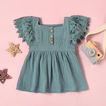0-24M Newborn Infant Baby Girls Casual Dress Solid Color Short Fly Sleeves Clothing Yellow/ Grey Blue/ Pink/ Apricot 6