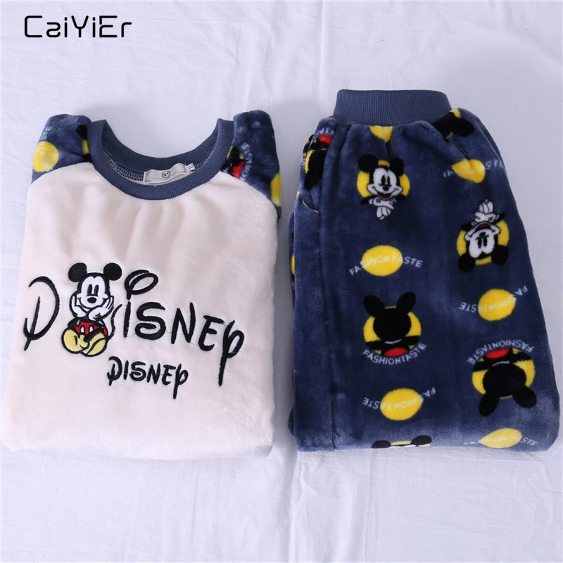 

Caiyier Women Autumn Winter Pajamas Set Thick Flannel Long Sleeve Sleepwear Cartoon Mickey Print Causal Nightgown Home Clothing