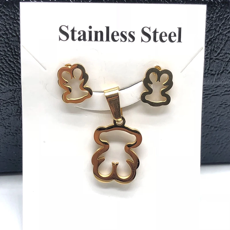 Gold Color Stainless Steel Bear Pendant Necklace Earrings Sets Heart Clover Cross Bear Charm Necklace Jewelry Sets for Women|Jewelry Sets|...