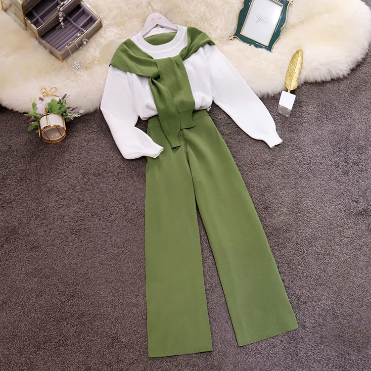 Amolapha, женские вязаные свитера в стиле пэчворк+ широкие штаны, комплекты из двух предметов, вязаные брюки, комплект для женщин - Цвет: Зеленый