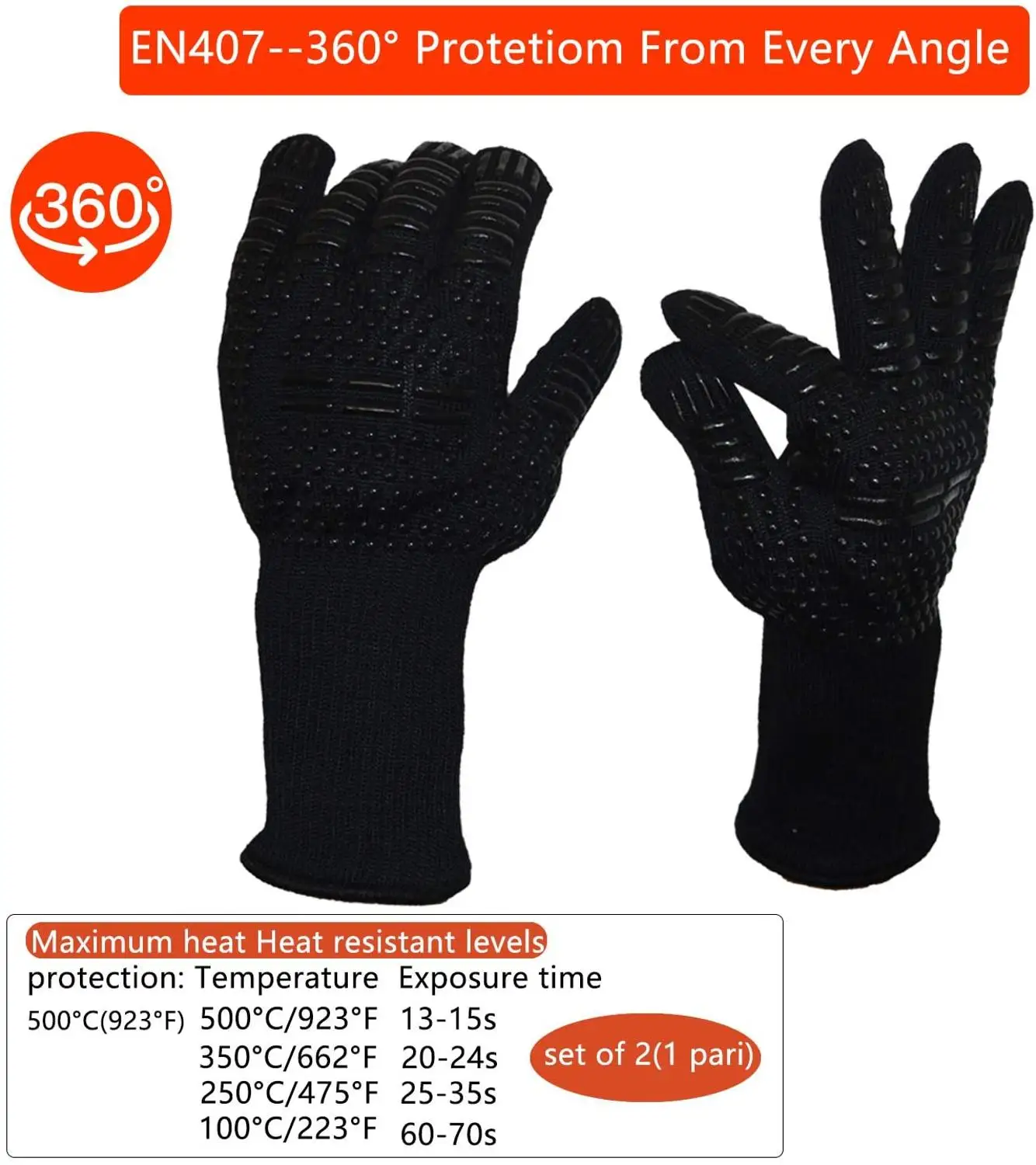 WALFOS BBQ Gloves High Temperature Oven Gloves Insulated Durable Fire Resistant BBQ Heat Insulated Microwave