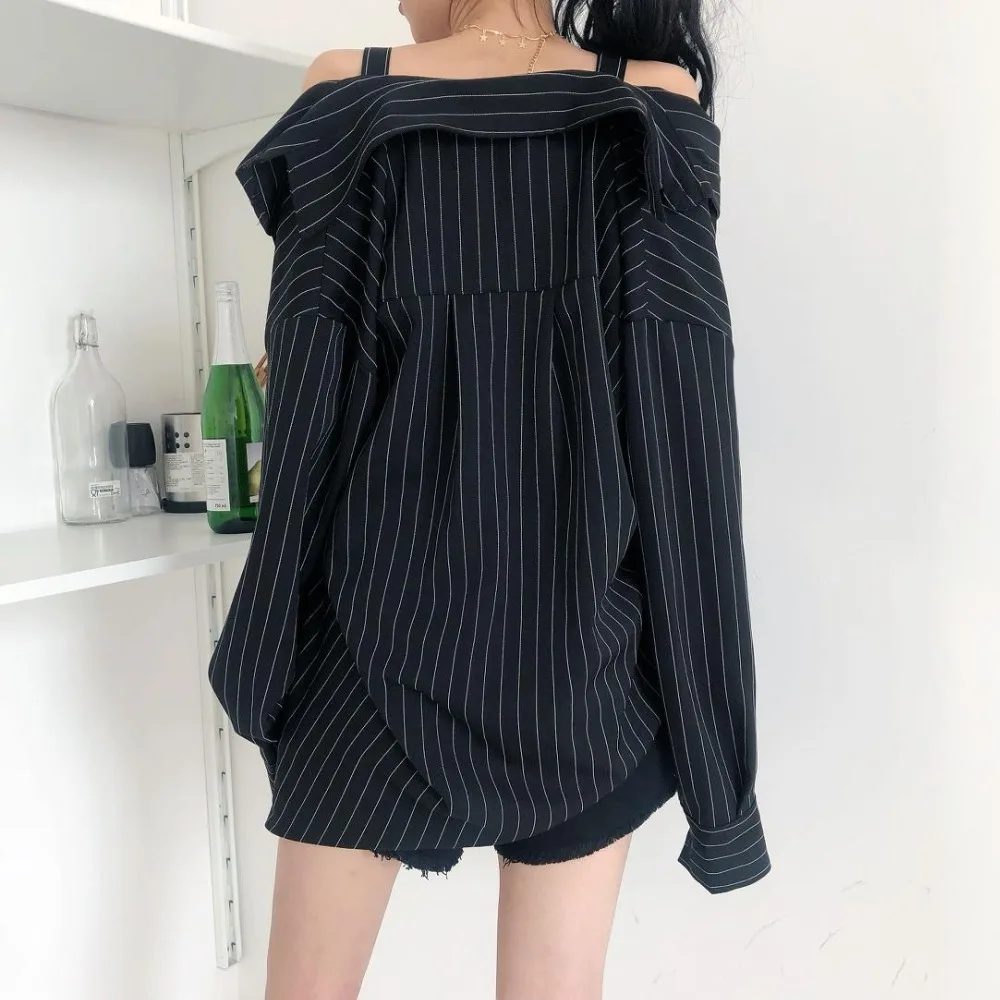 Women Korean Sexy Strapless Open Shoulder Striped