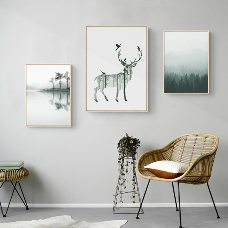 Nordic style River Forest Abstract Deer Flying Birds Wall Art Canvas Painting Home Posters and Prints Decoration for Living Room | Дом и сад