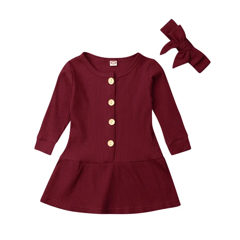От 1 до 5 лет платье для маленьких девочек повязка на голову, комплект из 2 предметов, осенняя одежда однотонный вязаный свитер, платье для девочек, одежда платье для малышей - Цвет: Красный