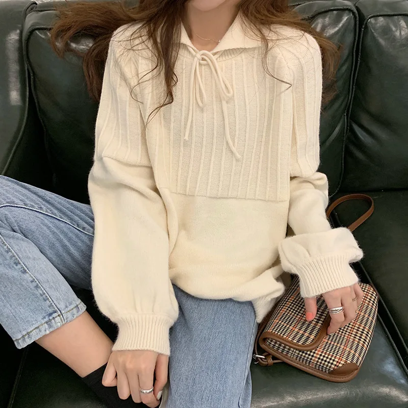 

Autumn And Winter Knit Loose-Fit Laziness Loose-Fit Polo Collar Bandage Cloth Sweet Versatile Sweater Women's