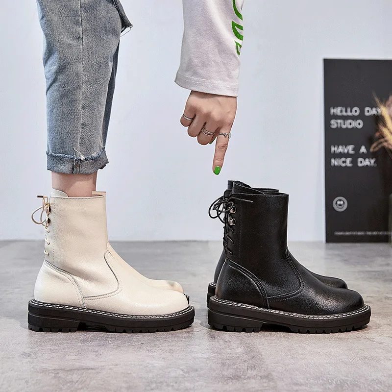 

British-Style Martin Boots Women's 2019 Autumn And Winter Tie-Back Side Zipper Anti-slip Versatile Thick Bottomed Short Boots