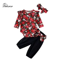 Pudcoco/комплект одежды для новорожденных девочек 0-18 месяцев, комбинезон с длинными рукавами и цветочным рисунком, топы+ черные штаны, штаны и повязка на голову, осенне-зимняя одежда