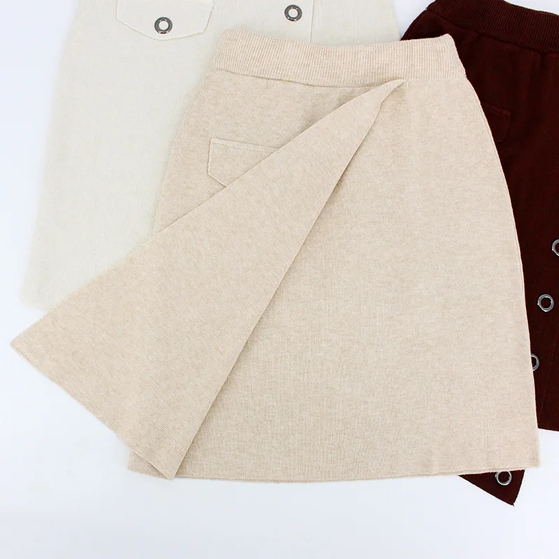 Женские зимние вязаные юбки высокая талия пуговицы облегающая юбка-карандаш шерсть Высокая талия сплошной цвет большая эластичность корейский стиль