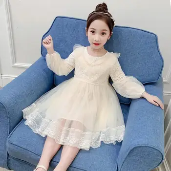 

New Arrival Girls Long Sleeve Dress 2020 Spring Solid mesh Princess children's dress Size 110-160cm Kids Clothing