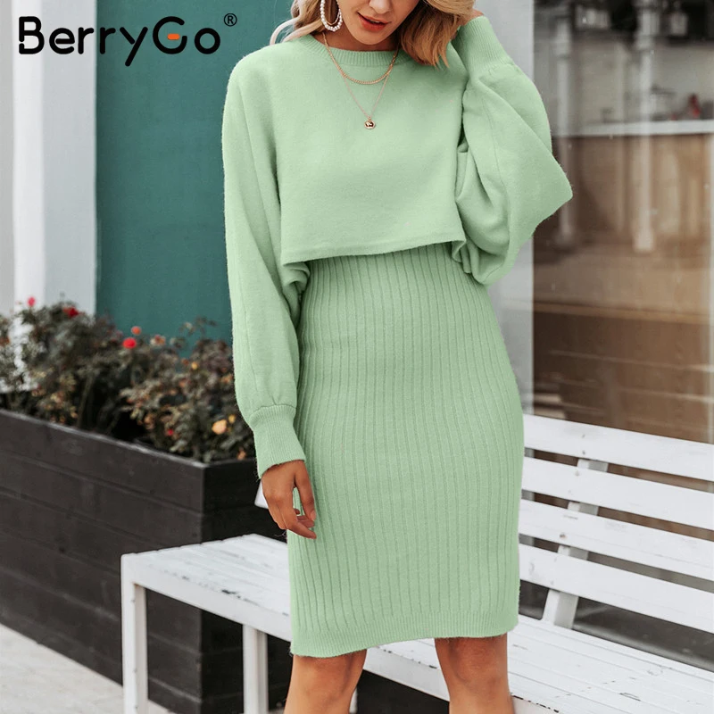 BerryGo Elegant 2 pieces women knitted dress Solid bodycon sweater dress Autumn winter ladies pullover work wear sweater suit BerryGo Elegant 2 pieces women knitted dress Solid bodycon sweater dress Autumn winter ladies pullover work wear sweater suit