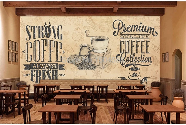 europeu, nostálgico retro, cafetaria, fundo do restaurante, decoração da parede