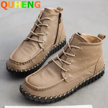 

Women Boots Autumn New Retro Short Boots Woman Soft Sole Comfort Handmade Sewing Genuine Leather Flat Boots Casual Single Boots
