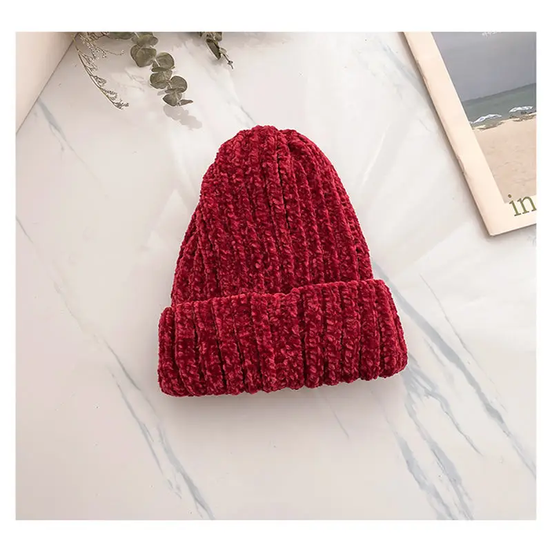 new corduroy knitted wool hat winter woman's beanies Double thick warm Cold-resistant bean hat Super soft Solid material - Цвет: Jujube red