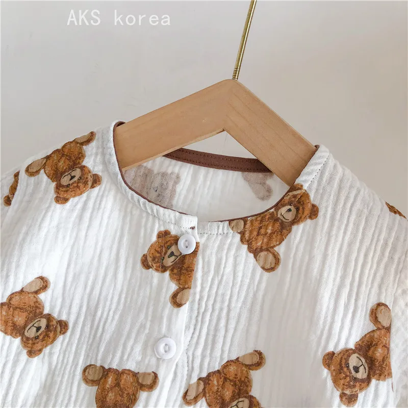 2021 Summer New Cute Bear Print Baby Clothes Boys Cotton Linen T Shirt And Shorts Set Girls Dress Baby Outfits 6M-5T Child Suit baby knitted clothing set