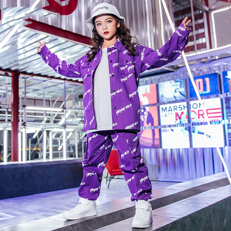 Hip Hop Girl Loose Dancing Clothes Purple Shirt Pant Handsome Street Dance Outfit Festival Jazz Costume Chidren Suit 345 | Тематическая