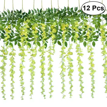 

12PCS Artificial Silk Wisteria Ivy Vine Green Leaf Vine Garland Simulation Props for Party Wedding Home Decoration (Yellow)