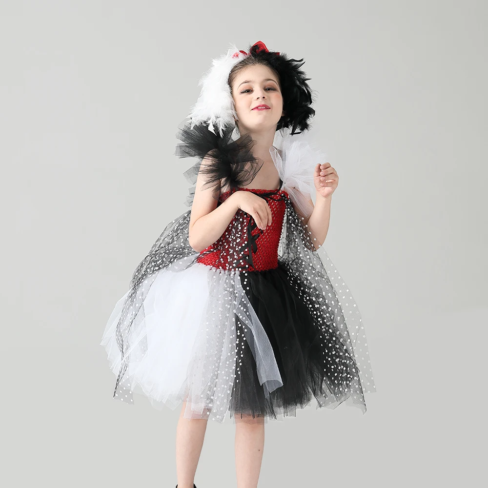 Evil Madame Cruella De Ville Kids Tutu Costume Dalmatians Girls Halloween Fancy Tutu Dress with Headband Polka Dot Girl Outfit (8)
