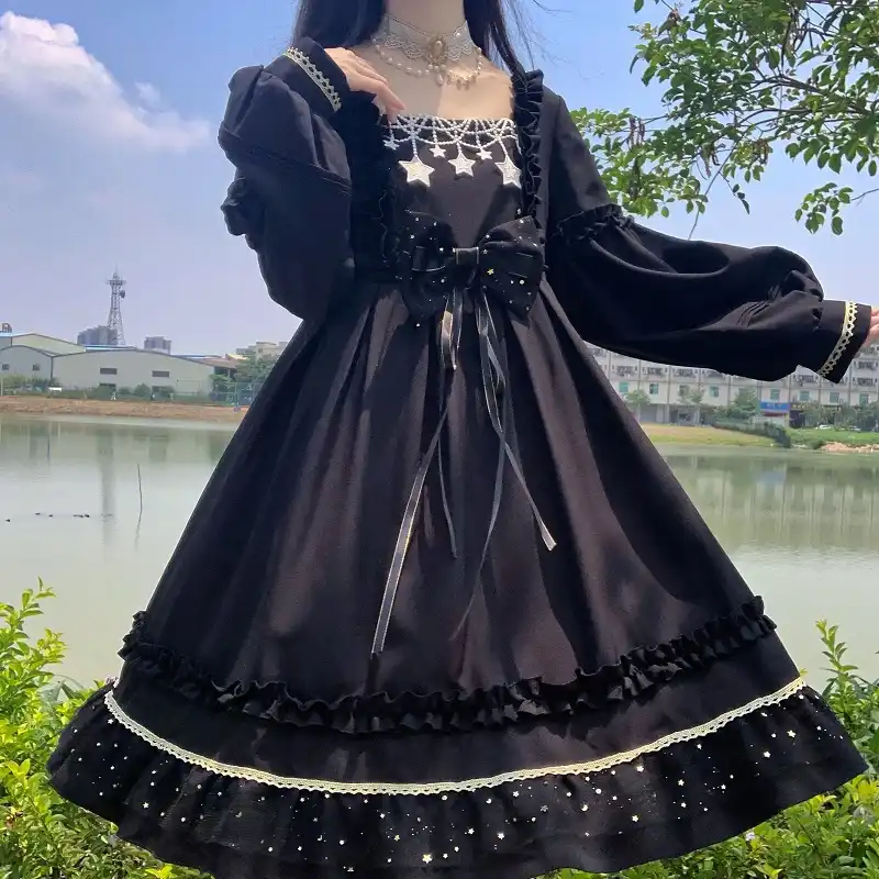 日本ロリータドレス妖精ちょうスターレースゴシック黒ドレス夏原宿長袖ロリータドレス女性のための Lolita Dresses Aliexpress