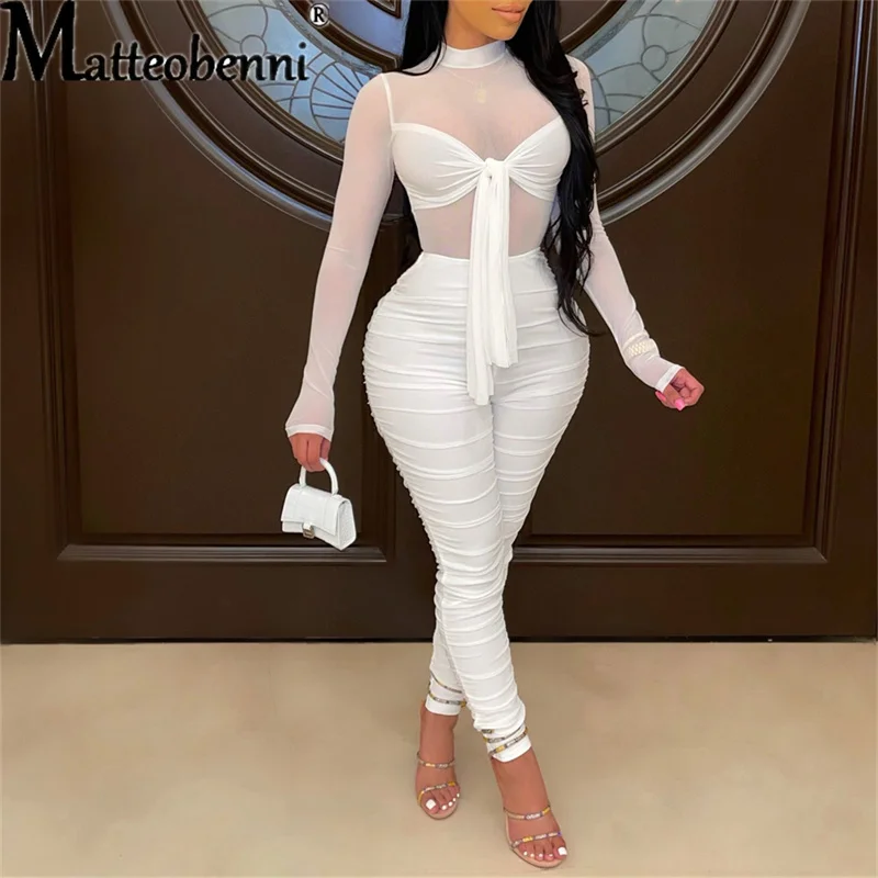 Summer Long-Sleeved Tight Lace-Up High-Waist Stretch Sexy Nightclub Net Yarn Jumpsuit One Piece Outfit Ladies Jumpsuit Female sibybo sexy backless halter jumpsuit women summer cut out tight horn leg jumpsuits elegant ladies night party rompers outfits