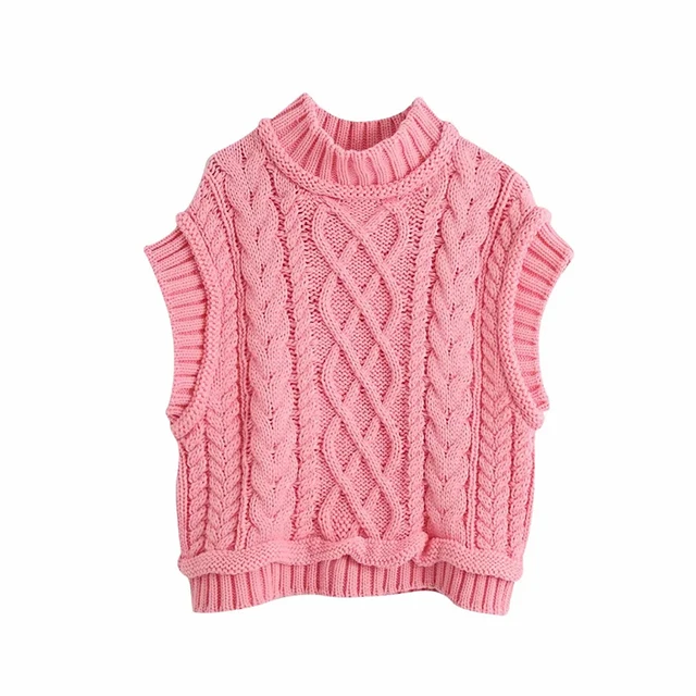 MosiMolly Pretty Pink Sweater Vest Women Cable Knit Sleeveless Knits Jumper Pullovers Sweater Cropped Sweater Tank Pink