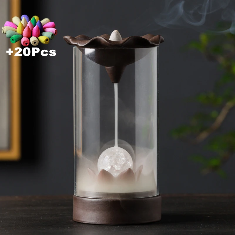 

With 20Cones Backflow Incense Burner Plastic Cover Indoor Windproof Personality Creatives Home Decor Office Teahouse Ornament