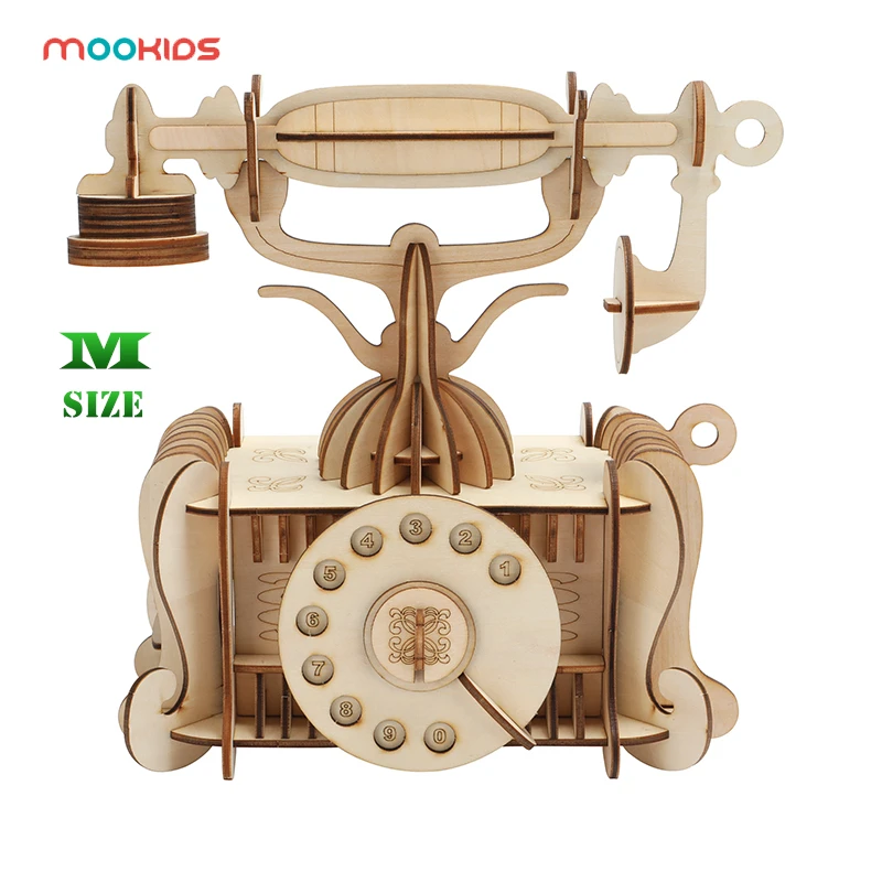 

mookids Puzzle Game Children Kids Natural Color Toy Model Building Kits Educational Hobbies Gift DIY 3D Wooden Old-Fashion Phone