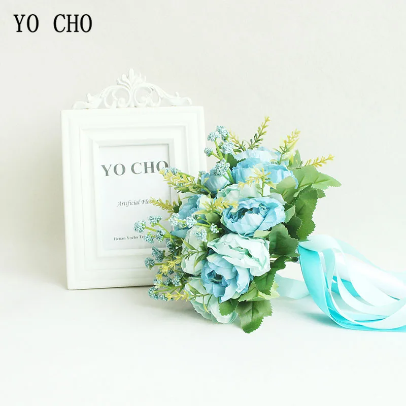 B-Blue YO CHO искусственный цветок Свадебный букет Свадебный держатель для букетов Белый шелковый пион Свадебный букет s для букет невесты Mariage - Цвет: B-Blue