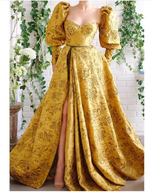 

Elegant Puff Sleeves Lace Evening Dress Women Side Split A-line Prom Gown Custom Made