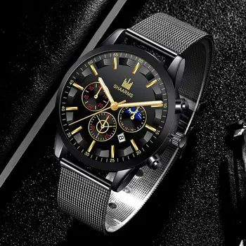 

SHAARMS Reloj Hombre Men Black Watch Mesh Band Stainless Steel Quartz Wristwatch Fashion Man Business Watches 2020