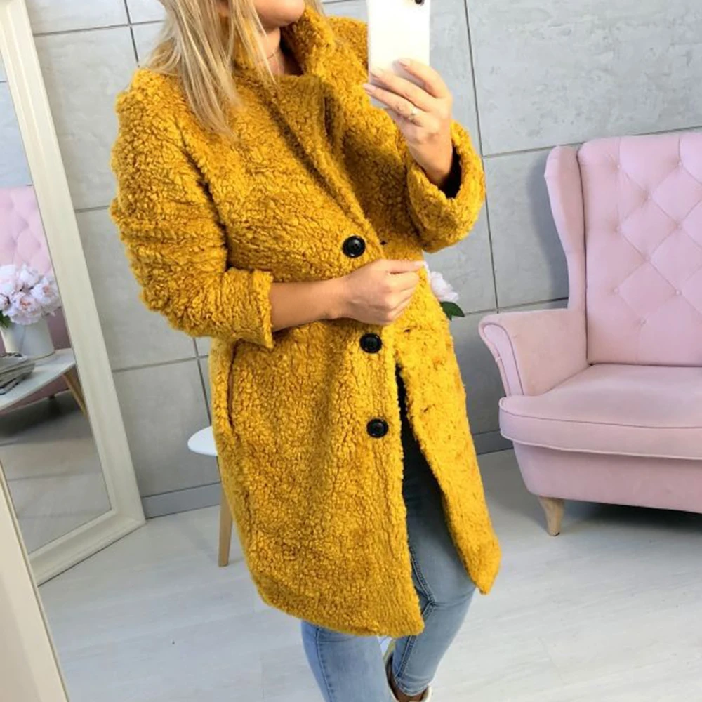 

CALOFE 2019 New Arrival Fashion Women's Long Sleeve Lapel Faux Coat Warm Winter Long Sleeve Solid Jacket Casual Female Vestido