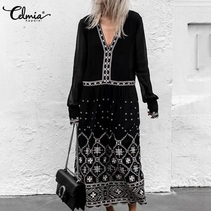 

Fashion Sarafan Dress for Women Vintage Print Long Maxi Dress Celmia 2019 Lantern Sleeve Sexy V Neck Casual Beach Vestidos S-5XL