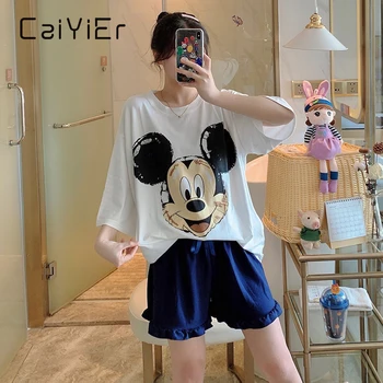 

CAIYIER2020 Summer Women Pajamas Cute Cartoon Donald Duck Print Pajamas Loose-fitting Sweet Student Two-piece Suit for Home Wear