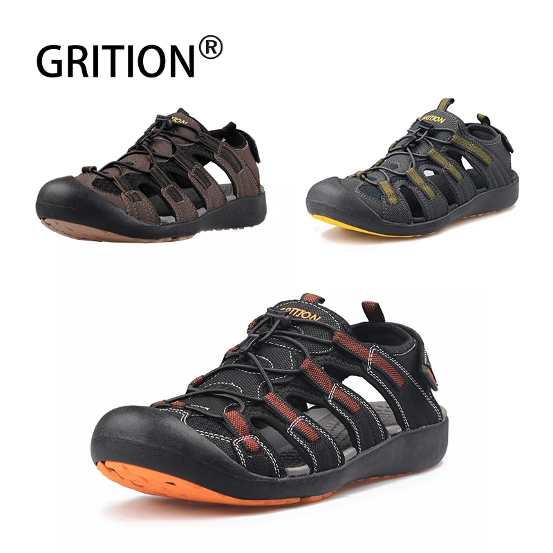 GRITION Sandals Men Outdoor Summer Shoes Beach Hiking Trekking Flat Comfortable Male Leather Breathable Non Slip 2020 Size 46