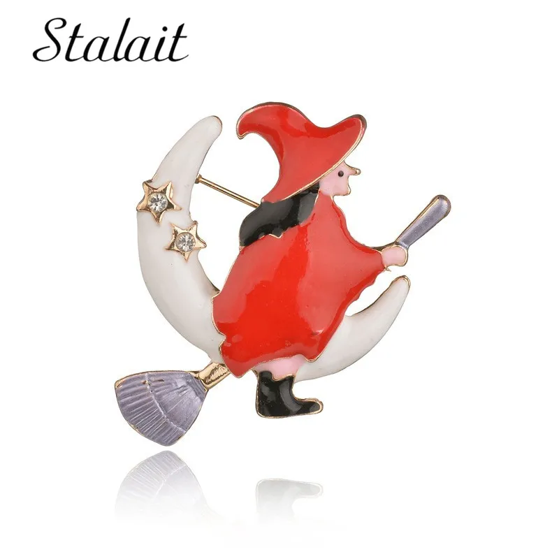 Halloween Moon Star Witch Brooch Riding A Broom in Flight Painted Red Oil Hat Magical Gift Jewelry Decoration Accessories | Украшения и
