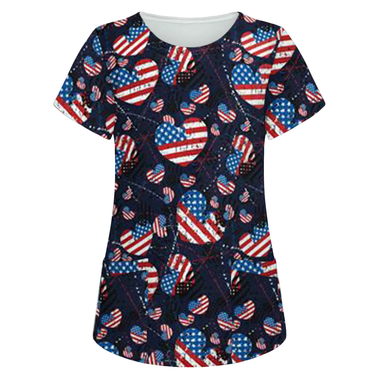 Plus Size Scrubs Women's 5XL National Flag Print Active Scrub Top Medical Summer Short-sleeved Pocket Carer Blouse A2 |