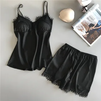 

For 2019 Newly Hot Droppshiping Women Satin Lace Sleepwear Babydoll Lingerie Nightwear Shorts Pyjamas Set without Chest Pad J55