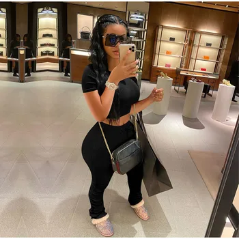 

Crop Top + Flare Pants Women's 2 Piece Set Summer Short Sleeve Shirt Tracksuits Women 2020 Plus Size 3XL Casual Female Two Set