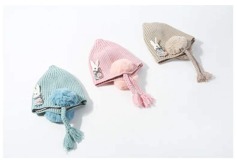 Осенне-зимние помпоны-кролики, одноцветные теплые детские шапки Skullie Beanies, эластичная шапка, модные аксессуары для девочек, QNC