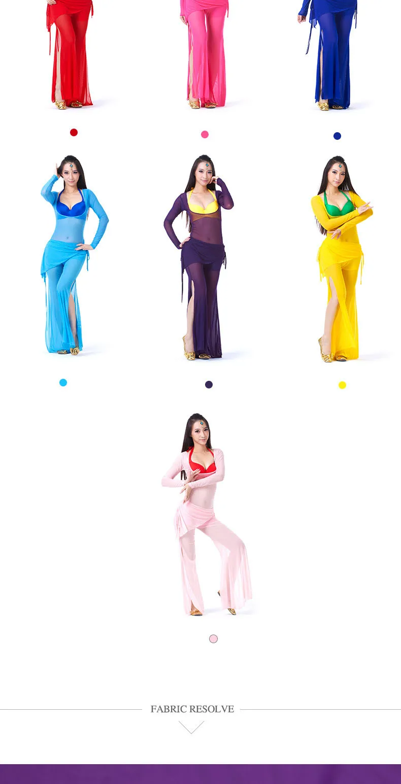 Women Sexy Belly Dance Costume Long Sleeve Mesh Suit Belly Dance Sets Autumn Winter Dance Long Pants Split Perspective 10 Colors