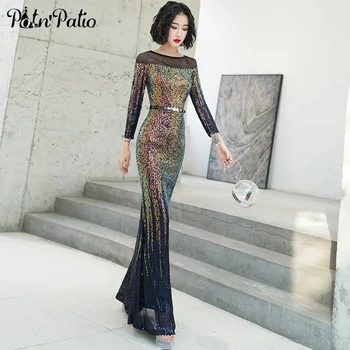 

Long Sleeve Prom Dresses 2020 Elegant O-neck Floor-length Sequin Evening Gown For Women