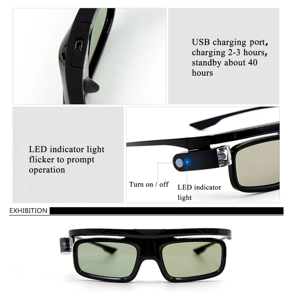 Docooler GL1800 Projector 3D Glasses Active Shutter Rechargeable DLP-Link for All 3D DLP Projectors Optama Acer BenQ ViewSonic Sharp Dell 