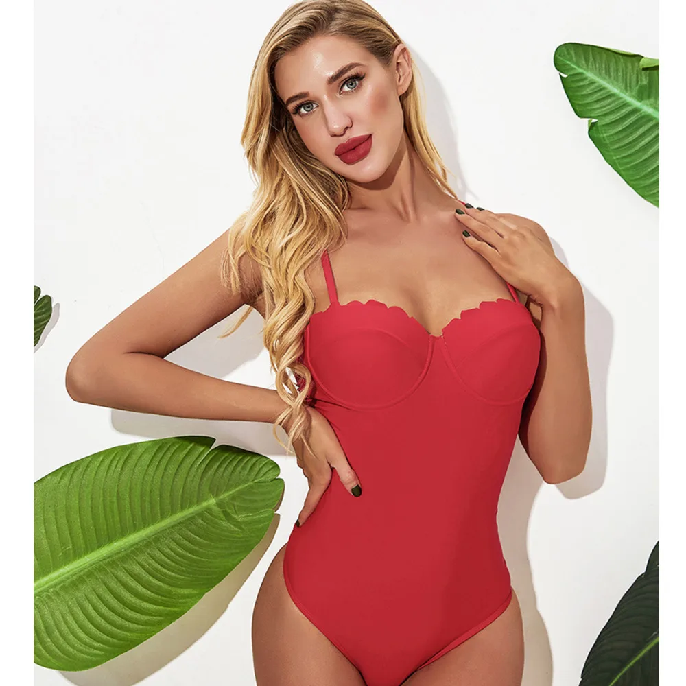 

Sexy Monokini Swimsuit 2020 Lady One Piece Swimwear Underwire Female Red Bathing Suit Halter Swimming Suit for Women Costume
