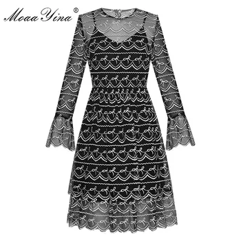 

MoaaYina Fashion Designer dress Spring Summer Women's Dress Flare sleeve Stripe Mesh Embroidery Black Dresses